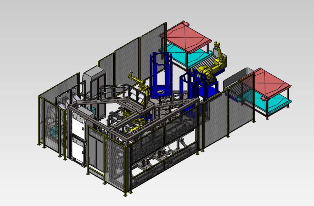 Complete Robotic Cell — mechanical design render
